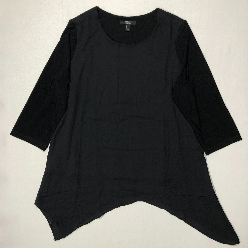 Dennis Basso Womens M Black 3/4 Sleeve Asymmetric Hem Scoop Neck Blouse